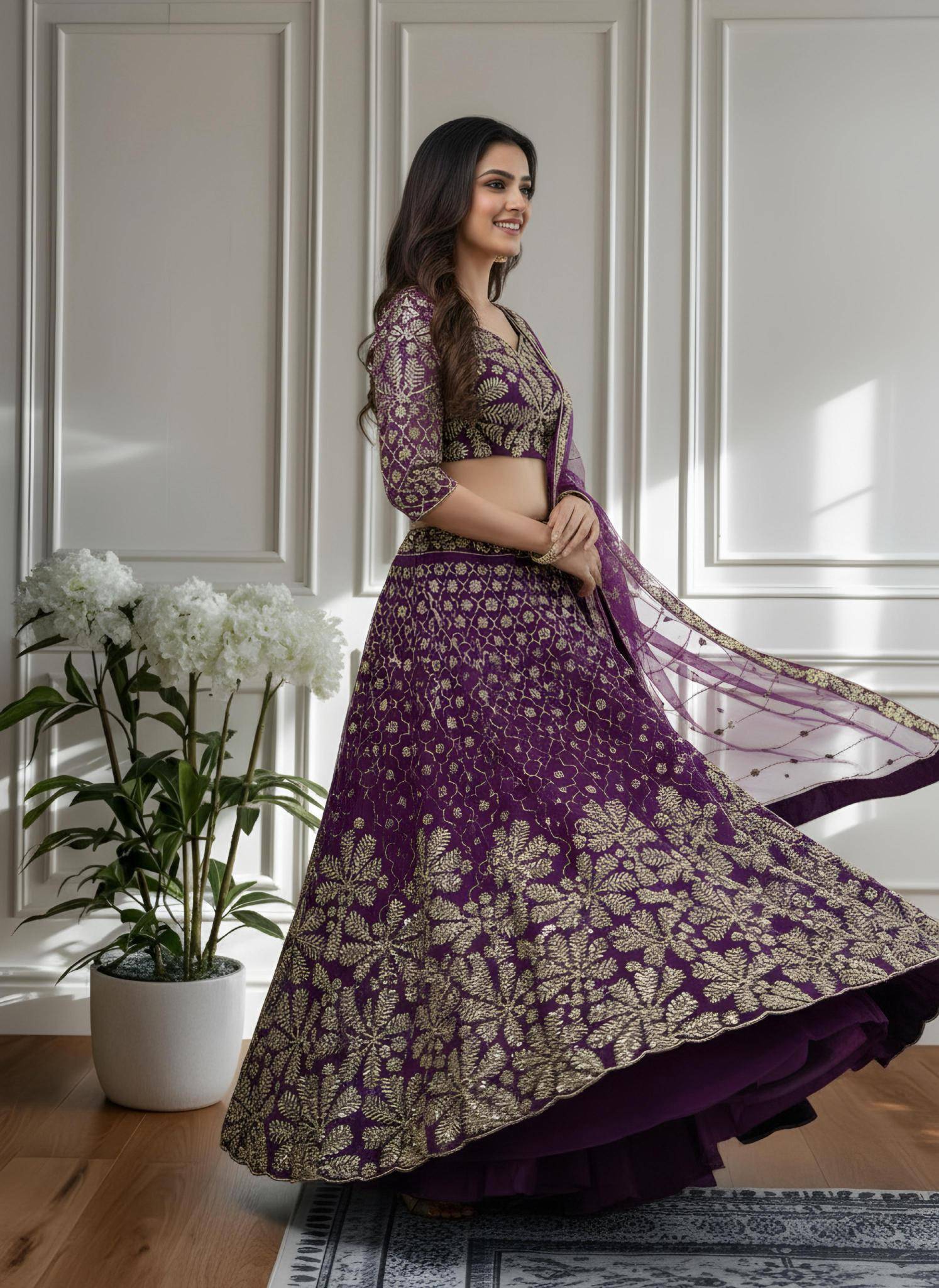 Shine in style with this beautifully Butterfly Net Wine Customized lehengha choli suppliers in India